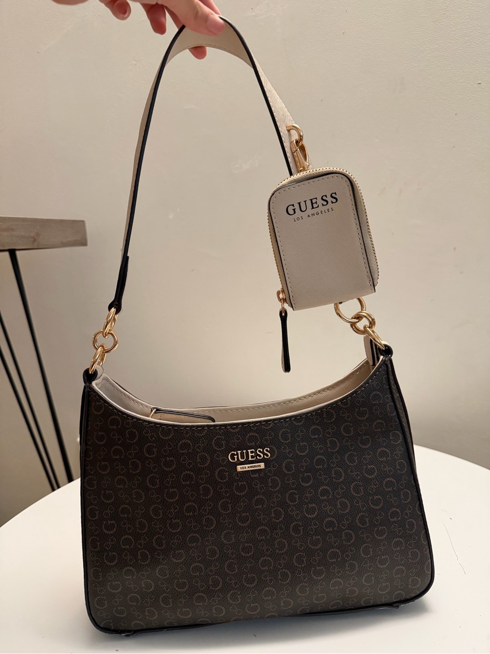 Guess Brown Monogram Shoulder Bag with Beige Detachable Pouch